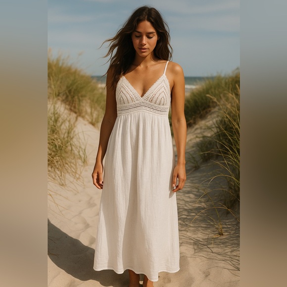 aerie Dresses & Skirts - Aerie White Crochet Knit Gauze Maxi Dress Cotton Summer Coastal Boho Medium